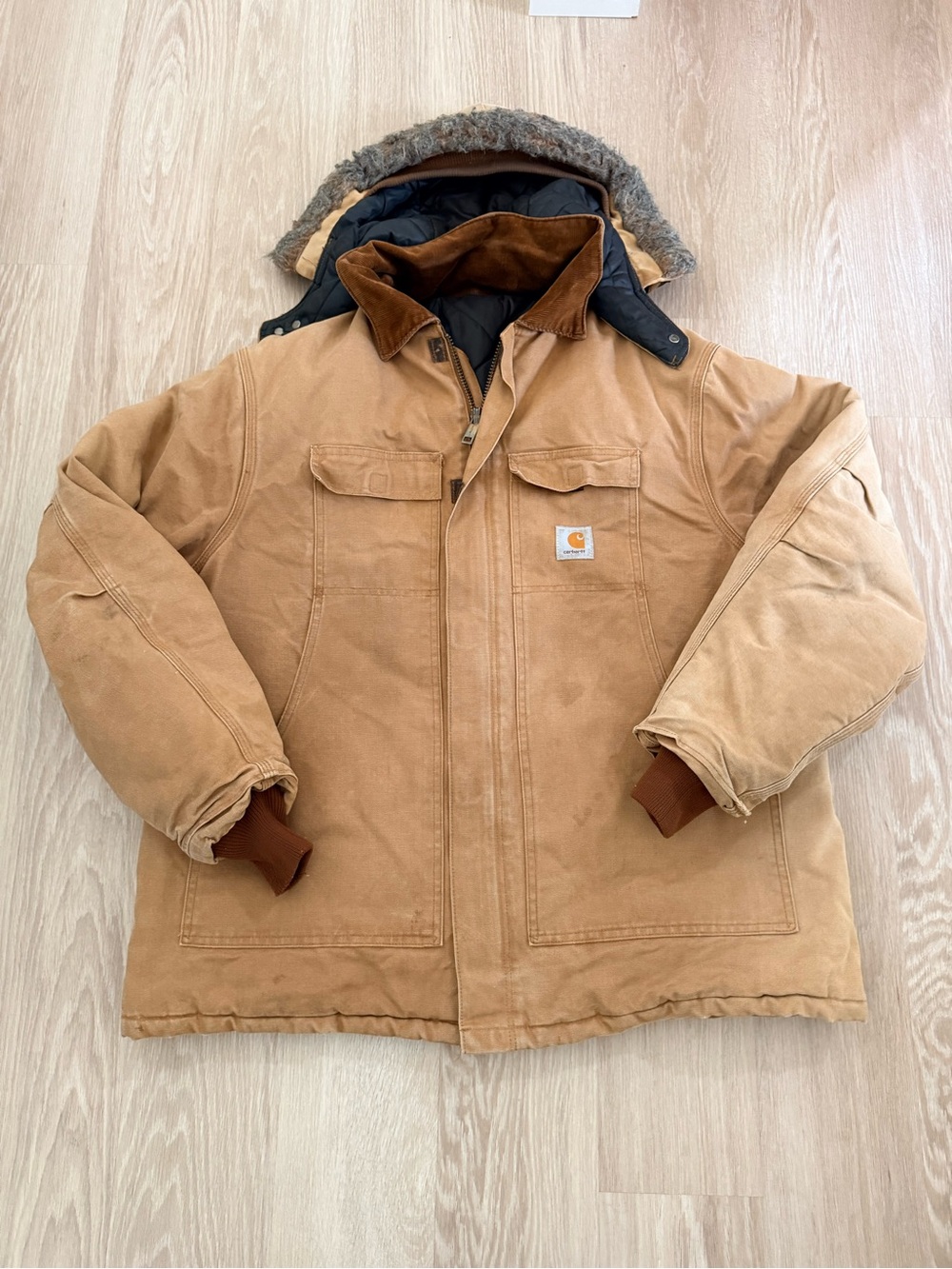 Vintage Carhartt Canvas Parka Jacket Faux Fur Hood Tan Men’s Size XL / XXL